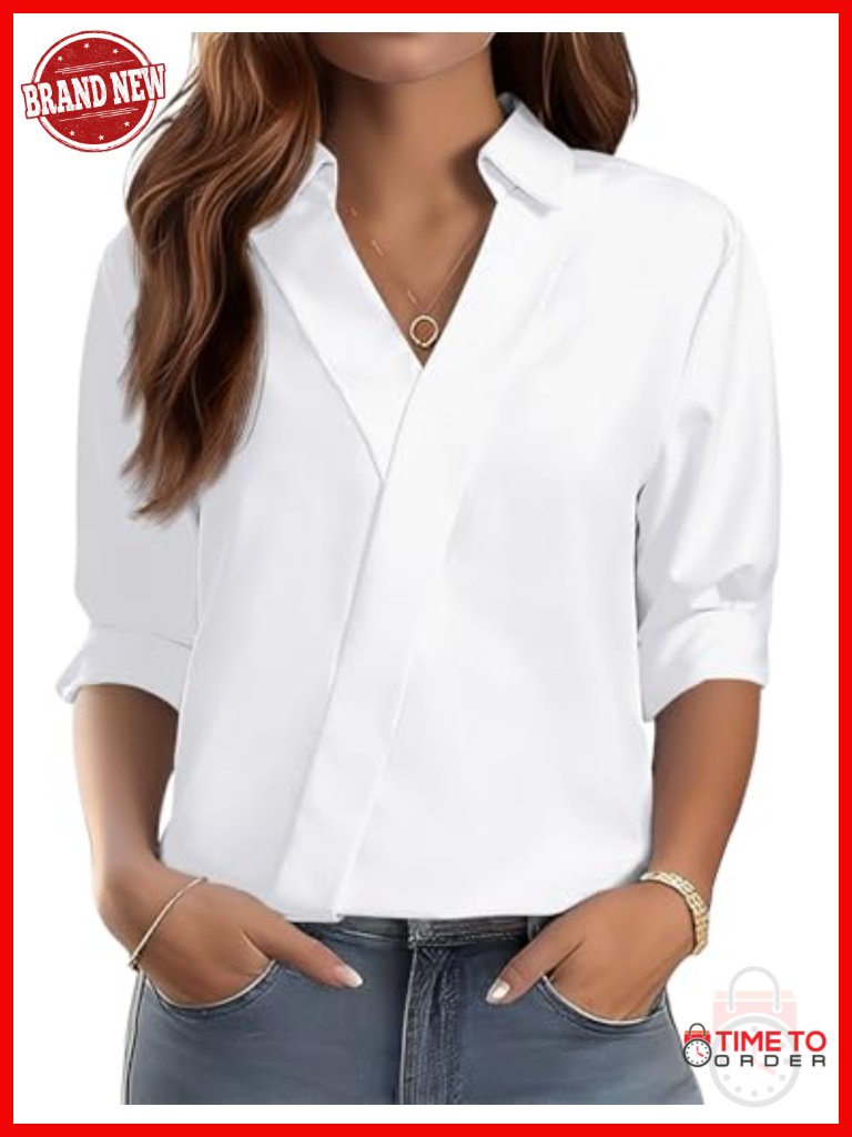 3/4 Length Sleeve V Neck Blouse Business Casual Work Top